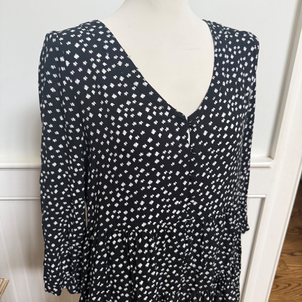 Maeve Anthropologie Black White Geometric Rayon 3/4 Sleeve Tiered Mini Dress L - Picture 2 of 6